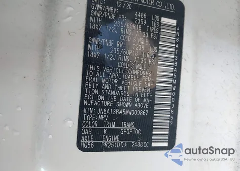 2021 Nissan Rogue Sv Fwd из США, поврежденный, VIN JN8AT3BA5MW009867